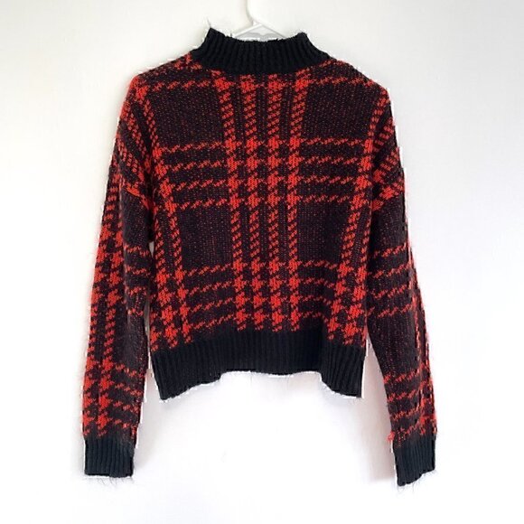 FASHION NOVA Plaid for You Sweater Black Red Mock Neck Cropped Crop Boxy Small S - Picture 11 of 12